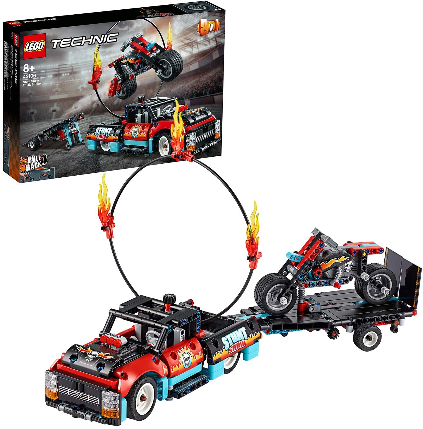 LEGO Technic Truck e Moto dello Stunt Show, Set di Costruzioni, Modello 2in1 con Motore Pull-Back e Rimorchio, 42106